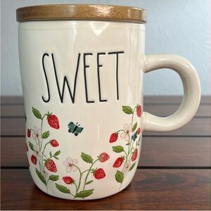 NWT Rae Dunn Strawberry Ceramic Mug with Topper / Coaster / Lid